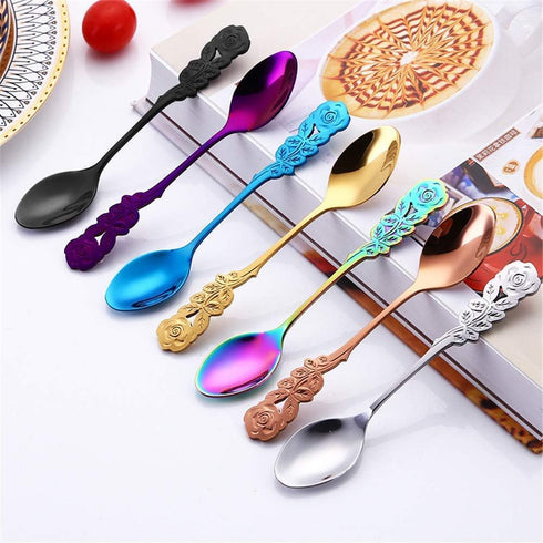 1Pc Rose Gold Flower Spoon Set,Colorful Stainless Steel Flower Spoon Coffee Tea Spork Flatware Dessert Tool Ice Tea Spoon Colorful Mini Cutlery Se...