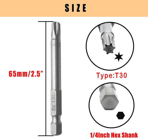 10PCS T30 Torx Screwdriver Bit, 1/4 Inch Hex Shank 65mm Long, S2 Steel Magnetic Torx Screwdriver Set Tool, Silver...
