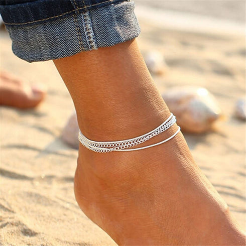 Boho Anklets Silver Layered Ankle Bracelets Turquoise Beach Foot Jewelry Adjustable for Women and Girls...