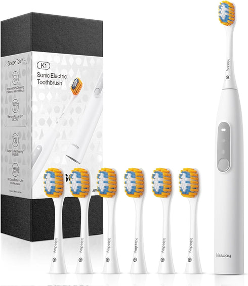 Electric Toothbrush, Soft Toothbrush for Adults with 6 Replacement Brush Heads and SpeedTek™ One-Click Mode, 1 Charge Lasts for 3 Months, K1 White...