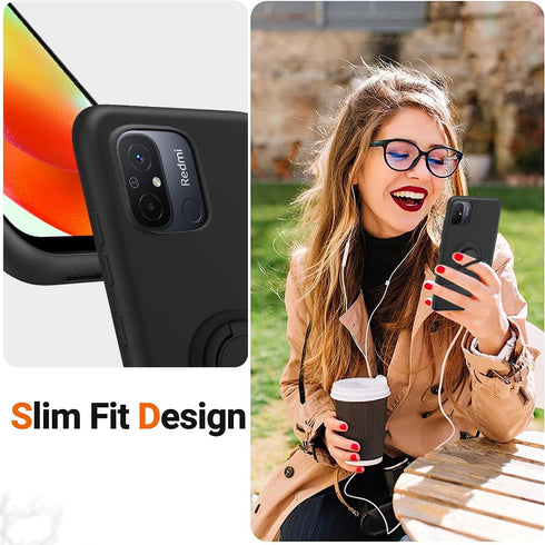 Phone Case with Glass Screen Protector for Xiaomi Redmi 12C/Poco C55 - Black, 360° Rotatable Ring Holder, Magnetic Kickstand, Shockproof Protectiv...
