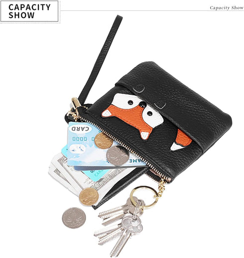 Genuine Leather Coin Purse Pouch Change Wallet for Women,Fox Pattern Leather Coin Purse Keychain Change Pouch Wallet With Wrist Strap (Black)...