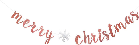 Rose Gold Glitter Merry Christmas Banner-Great for Christmas Party Decor- Holiday Home Mantle Fireplace Party Decorations...