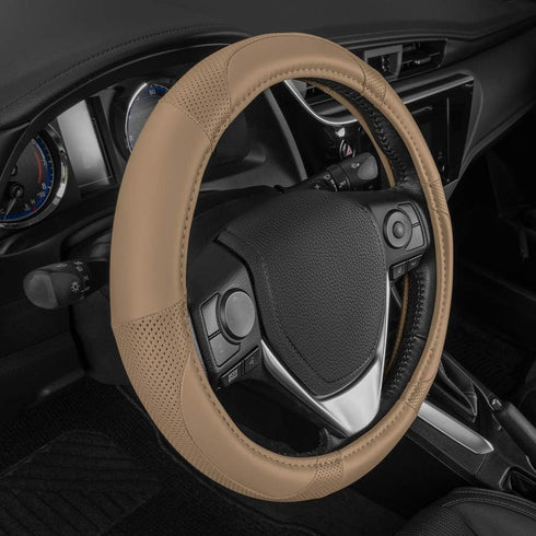 Motor Trend Beige Classic Stitch Perforated Simulated Leather Steering Wheel Cover, All Beige...