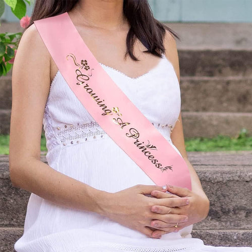 Girls Baby Shower Decoration - Adjustable Flower Crown Tiara and Growing A Princess Sash, Daddy Pin, Pink Party Gifts for Expectant Mom Dad Parent...