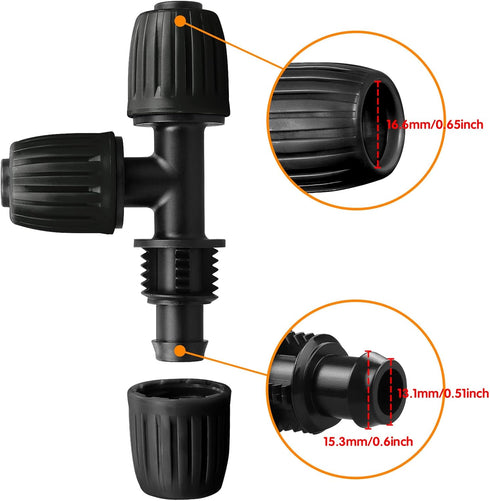 Drip Irrigation Fittings for 1/2 Inch Tubing (0.60"-0.63" OD), 10 Pieces Barbed Tee Drip Parts Locked Tee Connectors, 3 Way Drip Line Nuts Connect...