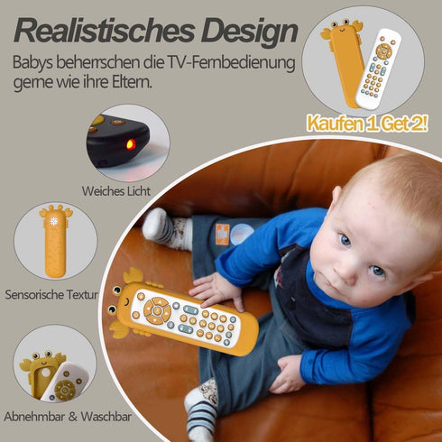 Baby TV Remote Control Toy with Soft Silicone Cute Carb Cover, Musical Realistic Play Remote Toy with Light and Sound, 3 Language Educational Lear...