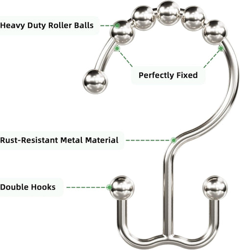 Amazer Shower Curtain Hooks, Rust-Resistant Metal Double Shower Curtain Rings for Curtain Rolling Shower Hooks, 12PCS Shower Rings for Bathroom Sh...