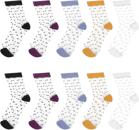 5 Pairs See-Through Socks Colorful Striped Dot Ultra-Thin Glass Socks Sheer Socks Mesh Casual Lace Socks Thin Fishnet Socks for Women...
