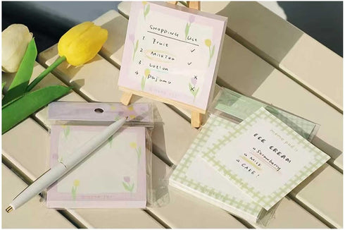 Sticky Notes 200 Sheets 3 x 3 Inch 2 Memo Pad, 2 Patterns Self-Stick Pastel Pads, Tulip and Green Plaid Aesthetic Adhesive Notepads, Easy to Post ...