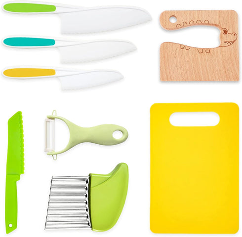 8 Pieces Wooden Kids Kitchen Knifes for Real Cooking Include Plastic Toddler Knife, Wood Kids Safe Knives, Potato Slicers, Serrated Edges Cooking ...