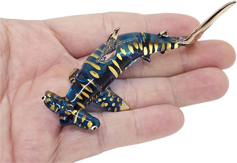 Tiny 3?" Gold Dotted Blue Hammerhead Shark Figurine - Miniature Hand Blown Glass Sharks Marine Sea Life Ocean Fish Small Crystal Animal Decorative...