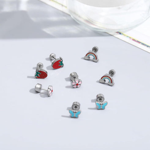 NEWITIN 6 Pairs Silver Cute Stud Earrings for Girls Hypoallergenic Earrings Stainless Steel Press Earrings Strawberry Flower Rainbow Cloud Butterf...