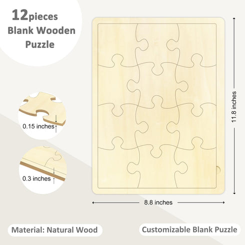 Blank Puzzle with 12 Pieces, Large Blank Puzzle Pieces with Puzzle Tray, Blank Wooden Jigsaw Puzzles for Crafts & DIY, Make Your Own Puzzle 11.8x8...