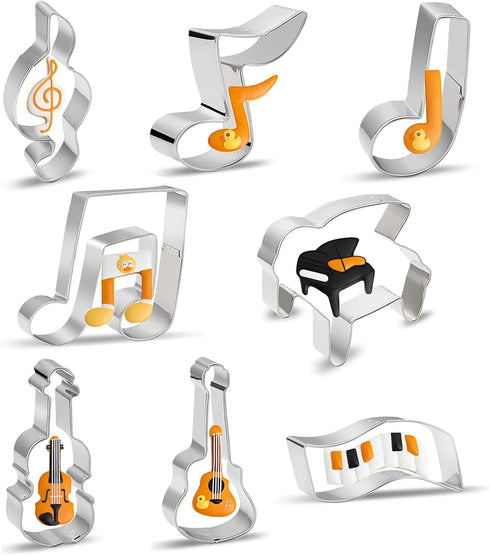 Music Note Cookie Cutter Shapes Set - 8 Pieces Stainless Steel Metal G Clef, Eighth Note, a Quarter Note, Piano, Violin, Guitar, Piano Keyboard Mu...