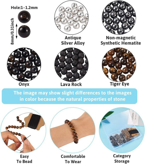FASHEWELRY Mala Yoga Men Bracelet Making Kit - 220pcs Natural Gemstone Lava Rock Tiger Eye Beads Healing Crystal Chakra Stone Beads with Black Nyl...