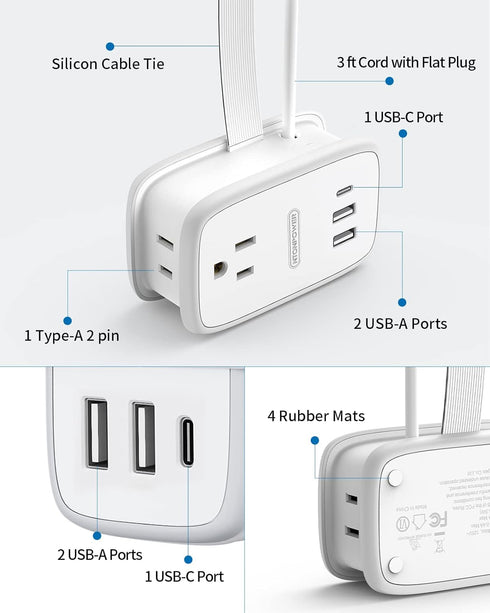 USB C Travel Power Strip, NTONPOWER Flat Plug Power Strip with 3ft Wrapped Around Extension Cord, 2 Outlets 3 USB Ports(1 USB-C) Cruise Ship Appro...