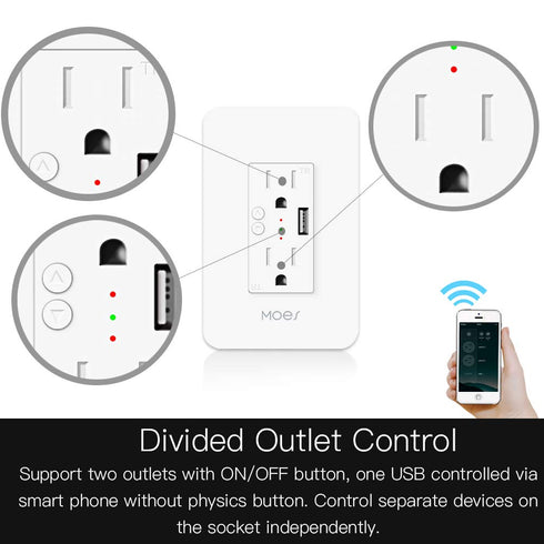 MOES WiFi Smart Wall Outlet,15A Divided Control 2 in Wall Socket with USB Interface,Smart Life/Tuya APP Remote Control Compatible with Alexa and G...