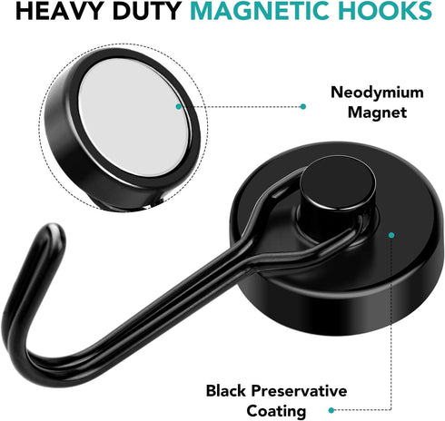 DIYMAG Black Magnetic Hooks, 80LBS Strong Magnetic Hooks Heavy Duty, Strong Magnet Hooks with Metal Hanger for Hanging Refrigerator Home Kitchen O...