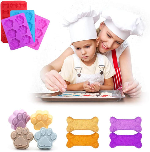4 Pcs Silicone Candy Chocolate Molds, FineGood Puppy Dog Paw & Bone Shaped Ice Cube Trays Cookies Baking Pans for Making Frozen Dog Treats Soap Ba...