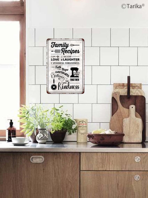 Family Recipes Love Laughter Forgiveness Faith Hope Patience Kindness White Background Metal Sign Home Kitchen Farmhouse Dinig Room Retro Art Wall...