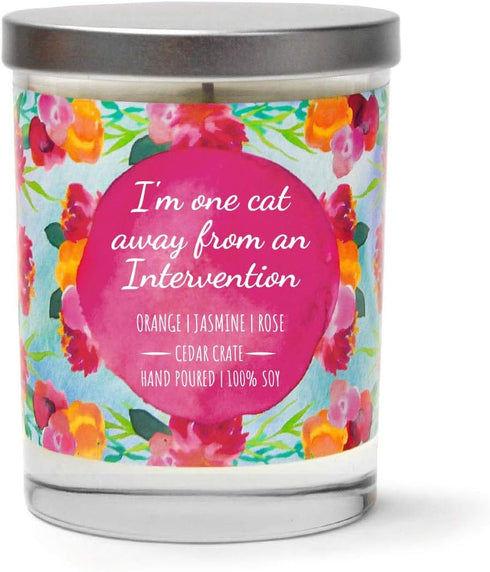 Funny Candles - I'm One Cat Away from an Intervention - Cat Mom Gifts, Orange, Jasmine, Rose, Luxury Scented Soy Funny Candles, 13.5 oz. Jar, 10 O...