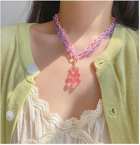 Lovely Gummy Bear Pendant Necklace Pink Acrylic Chunky Chain Cute Candy Color Bear Necklace for Women Jewelry Gift...