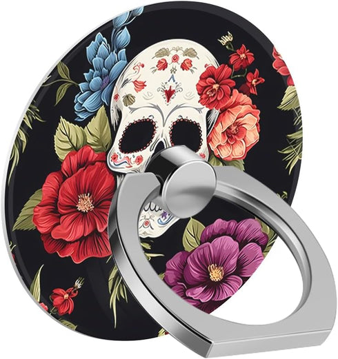 Cell Phone Ring Holder Grip, Flower Floral Rose Horrible Cool Skull Finger Ring Stand 360 Degree Rotation Universal Cell Phone Back Hand Grip Fing...
