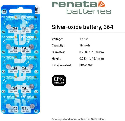 Renata 364 SR621SW Batteries - 1.55V Silver Oxide 364 Watch Battery (50 Count)...