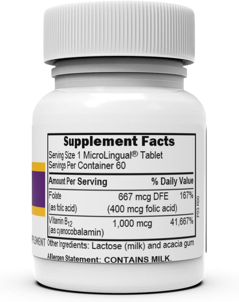 Superior Source No Shot Vitamin B12 Cyanocobalamin (1000 mcg), Folic Acid (400 mcg), Quick Dissolve MicroLingual Tablets, 60 Ct, Increase Energy, ...