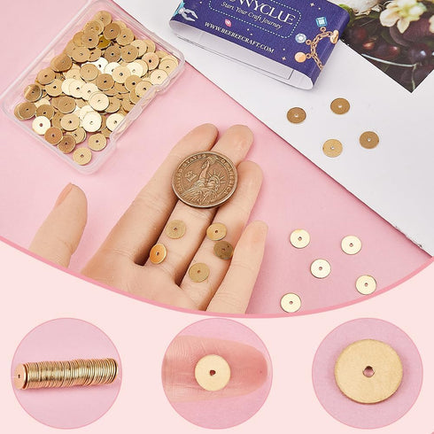 SUNNYCLUE 1 Box 300Pcs Real 18K Gold Plated Brass Disc Beads 8mm Flat Disc Spacer Beads Bulk Flat Round Golden Heishi Metal Loose Beads for Jewelr...