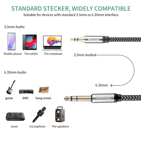 6.35mm 1/4" Male to 3.5mm 1/8" Male 6ft/1.8M Stereo Audio Cable with Zinc Alloy Housing and Nylon Braid Compatible forHeadphones,Laptop,Home Theat...