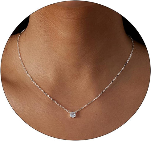 ASCOMY Dainty CZ Diamond Solitaire Pendant Necklaces for Women 14K Gold Plated Single Round Cubic Zirconia Square Simulated Diamond Choker Necklac...
