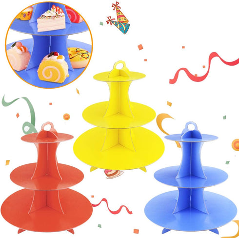 3 Pack 3-Tier Colorful Round Cardboard Cup Cake Holder Stand Dessert Tower, Reusable Pastry Serving Platter Food Display, Birthday Wedding Special...