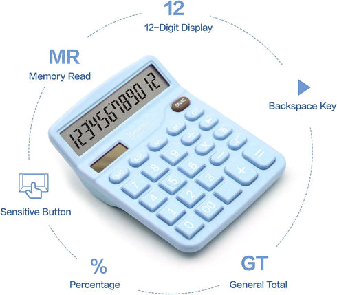Blue Calculator, Basic Office Calculator, Desktop Calculator 12 Digit, Large LCD Display for Blue Office Supplies with Sensitive Button, Blue Desk...
