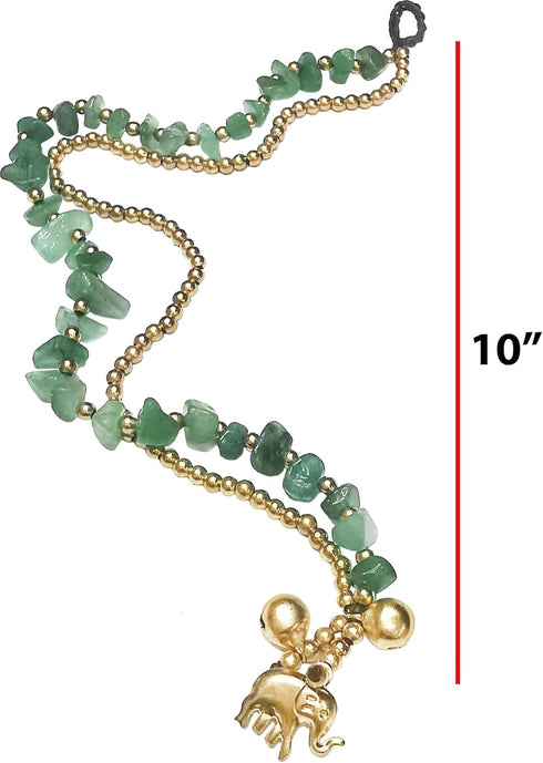 Handmade Green Aventurine Stone Chip Elephant Charm Brass Beads Anklets Bracelet 10 Inches...