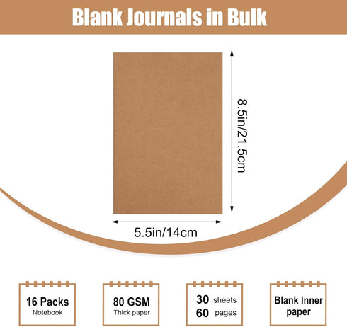 EOOUT Kraft Notebooks, Blank Page Journals in Bulk, 16pcs A5, 8.3 X 5.5 Inches, 60 Pages, 80gsm, Travel Journal Set, for Art Camp, Travelers, Stud...