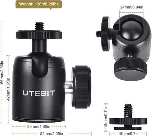 24MM Tripod Ball Head, UTEBIT 360° Rotatable Metal mini Ball Head with 1/4" hot shoe,BallHeads Camera Mount Adapter for Tripods,Monopod,DSLR Camer...