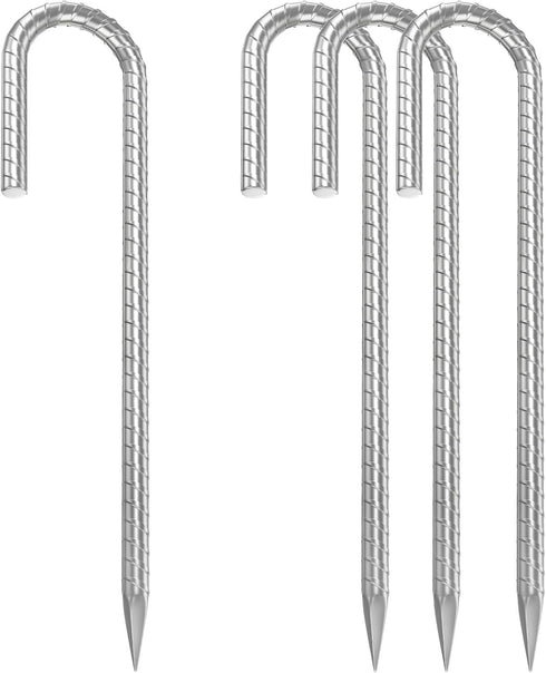 J-Hook Galvanized Rebar Stakes, 12 Inches Long Heavy Duty Ground Anchors for Camping, 4 Pack Reusable Anti-Rust Steel Ground Stakes for Gardens, L...