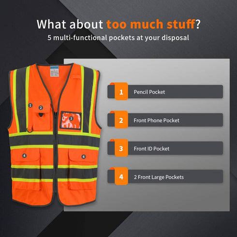 High Visibility Safety Vest with Pockets, Mic Tab, Reflective Strips and Zipper, ANSI/ISEA Standards,Oange,M...