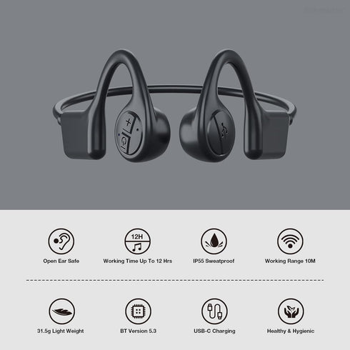 Bone Conduction Headphones, 12 Hours Playtime Bluetoeth 5.3 Headset Open Ear Wireless Earphone - IP55 Sweatproof Built-in Mic,Perfect for Running ...