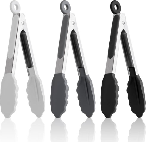 7 Inch Mini Tongs, Pack of 3 Short Small Silicone Tongs, Stainless Steel Tongs with Silicone Tips for Cooking, Barbecue, Buffet Serving (7", Black...