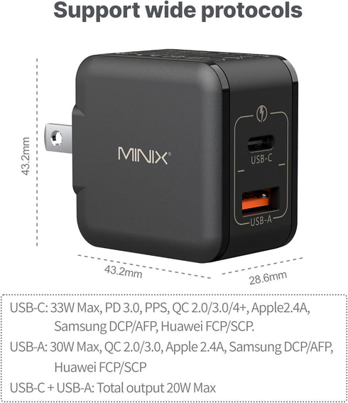 MINIX NEO P1 Mini 33W PPS 2-Port GaN Charger 1 USB-C Port Fast Charger, 1 USB-A Port Quick Charger 3.0. Compatible with iPhone 8-15 Series, Galaxy...