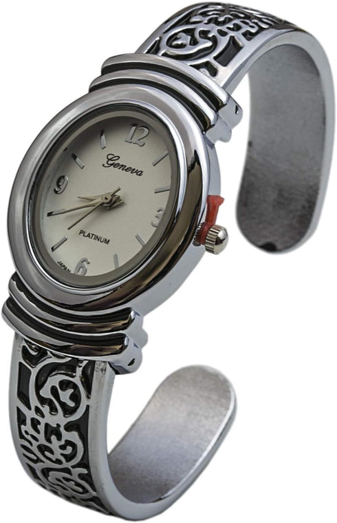 Geneva Womens Oxidized Scroll Design Hinged Fashion Cuff Watch White Dial W9132...