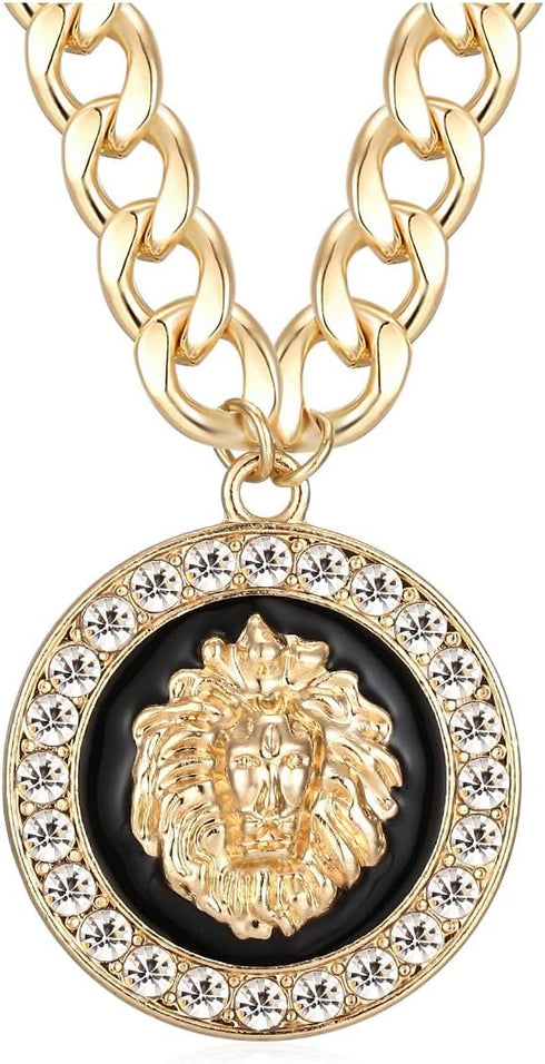 Hip Hop Statement Lion Head Gold Necklace Women's Chunky Chain Choker Pendant Punk Costume Cocktail Jewelry (Black-round pendant)...