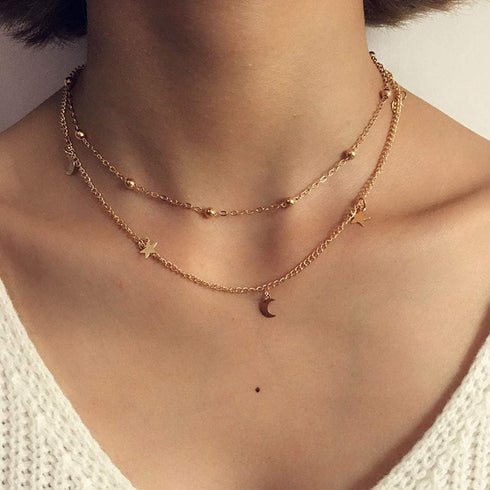 Olbye Moon Star Necklace Layered Satellite Necklace Choker Double Chain Gold Necklace for Women and Girls...