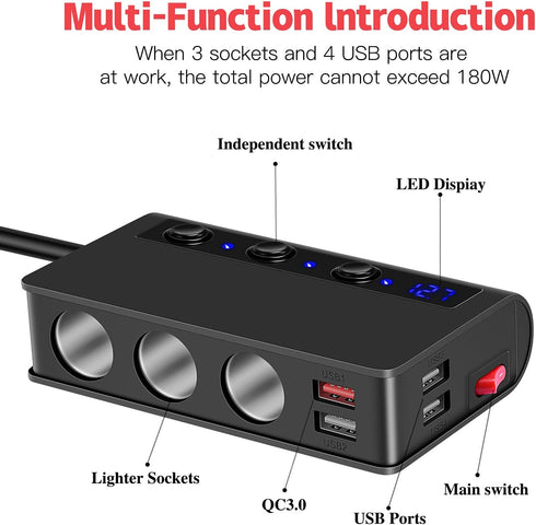 Amiss 3-Socket Car Power DC Outlet with 4USB Cigarette Lighter Adapter, 180w 12v/24v, Quick Charge 3.0 Car Charger with LED Voltage Display, Upgra...