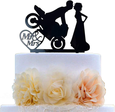 Motorcycle Funny Wedding Cake Topper Mr & Mrs, Bride Groom with Motorbike (Black Acrylic)...