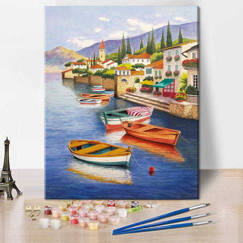 TUMOVO Paint by Numbers for Adults Landscape, DIY Oil Painting Location Boat Lake Forest Clouds Reflection Acrylic Paint by Number Kits for Kids A...