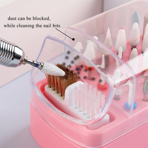 2 in 1 Pink Nail Drill Bit Holder and Nail Drill Bits Cleaner Brush Case, 30 Holes Dust-proof Nail Bit Holder Organizer Display Storage Box, Nail ...